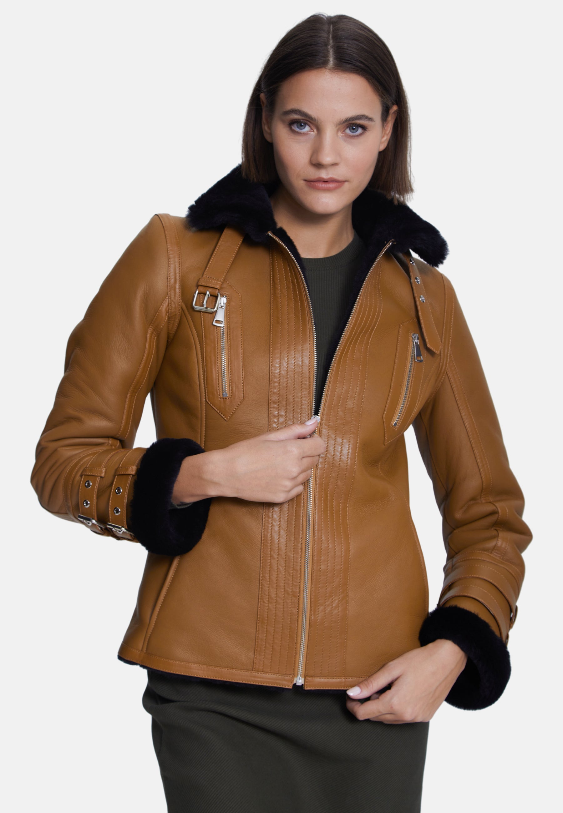 Women's Fashion Jacket, Silky Tan With Black Wool