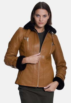 Image of Women's Fashion Jacket, Silky Tan With Black Wool