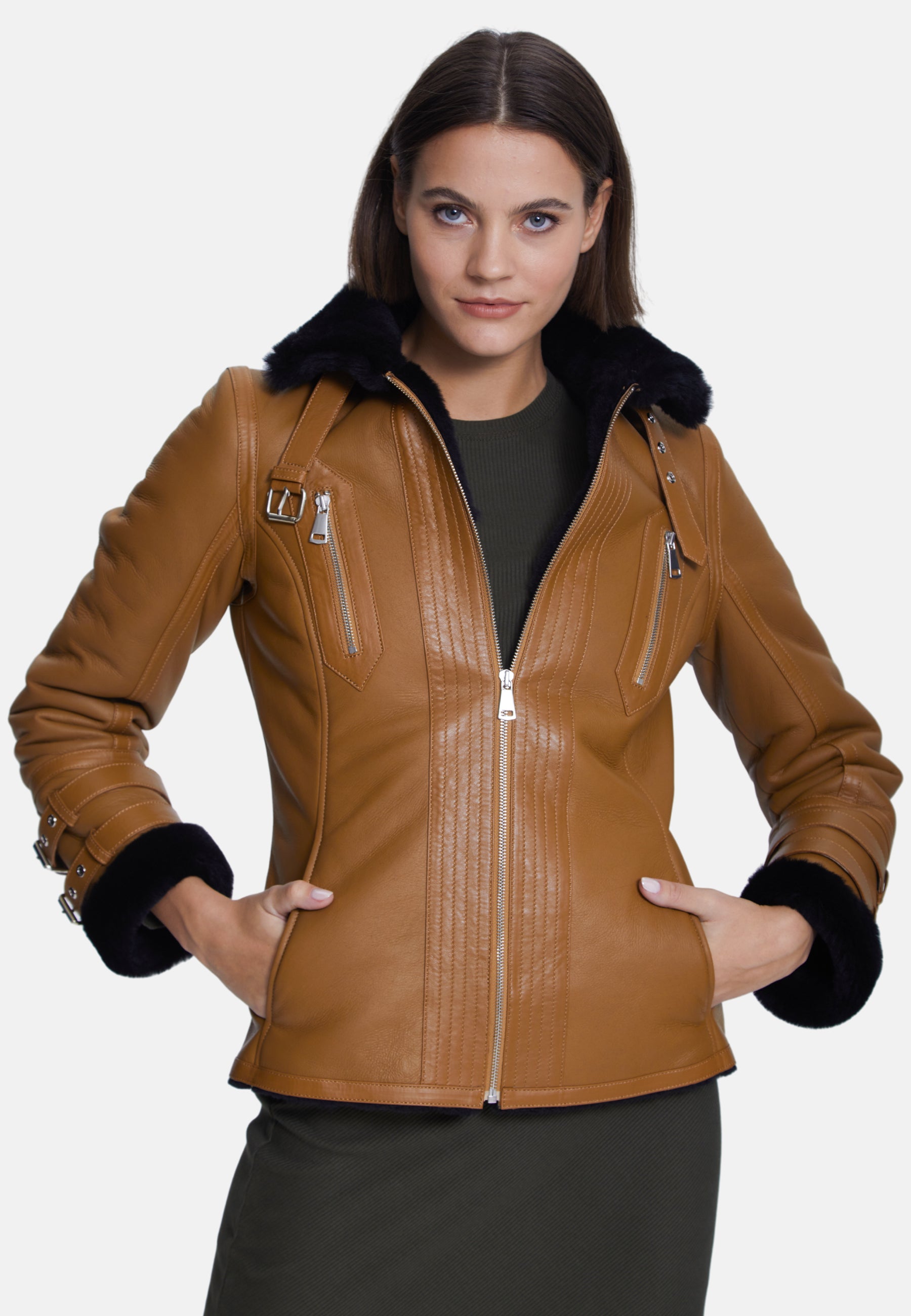 Women's Fashion Jacket, Silky Tan With Black Wool