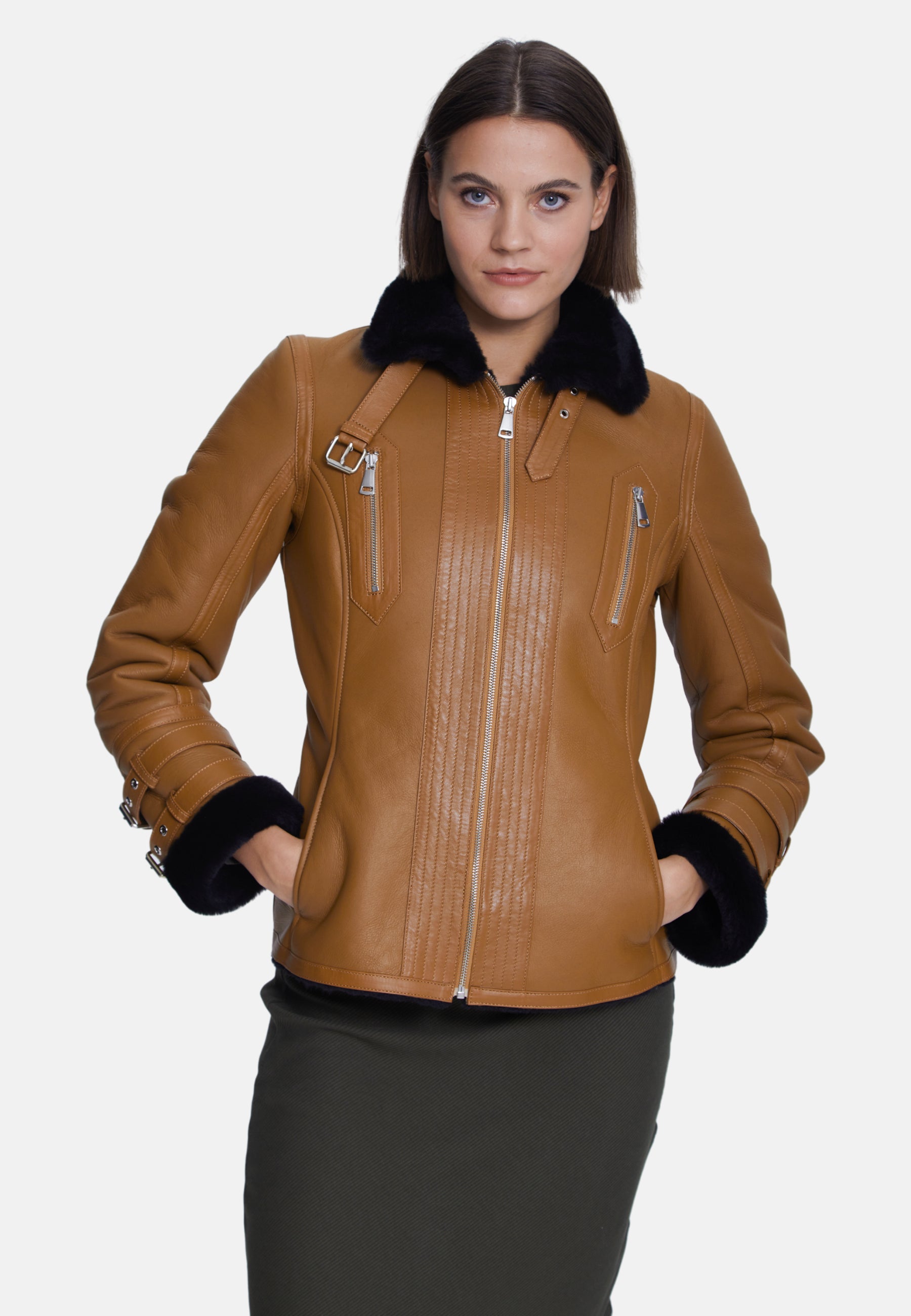 Women's Fashion Jacket, Silky Tan With Black Wool