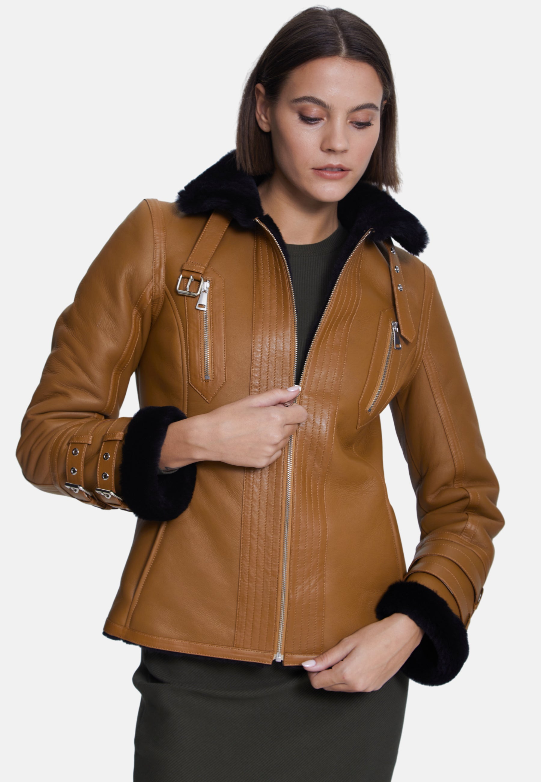 Women's Fashion Jacket, Silky Tan With Black Wool