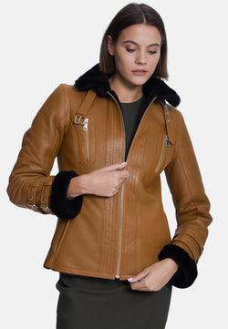 Image of Women's Fashion Jacket, Silky Tan With Black Wool