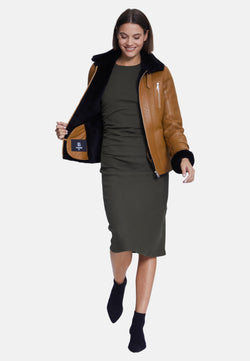 Image of Women's Fashion Jacket, Silky Tan With Black Wool