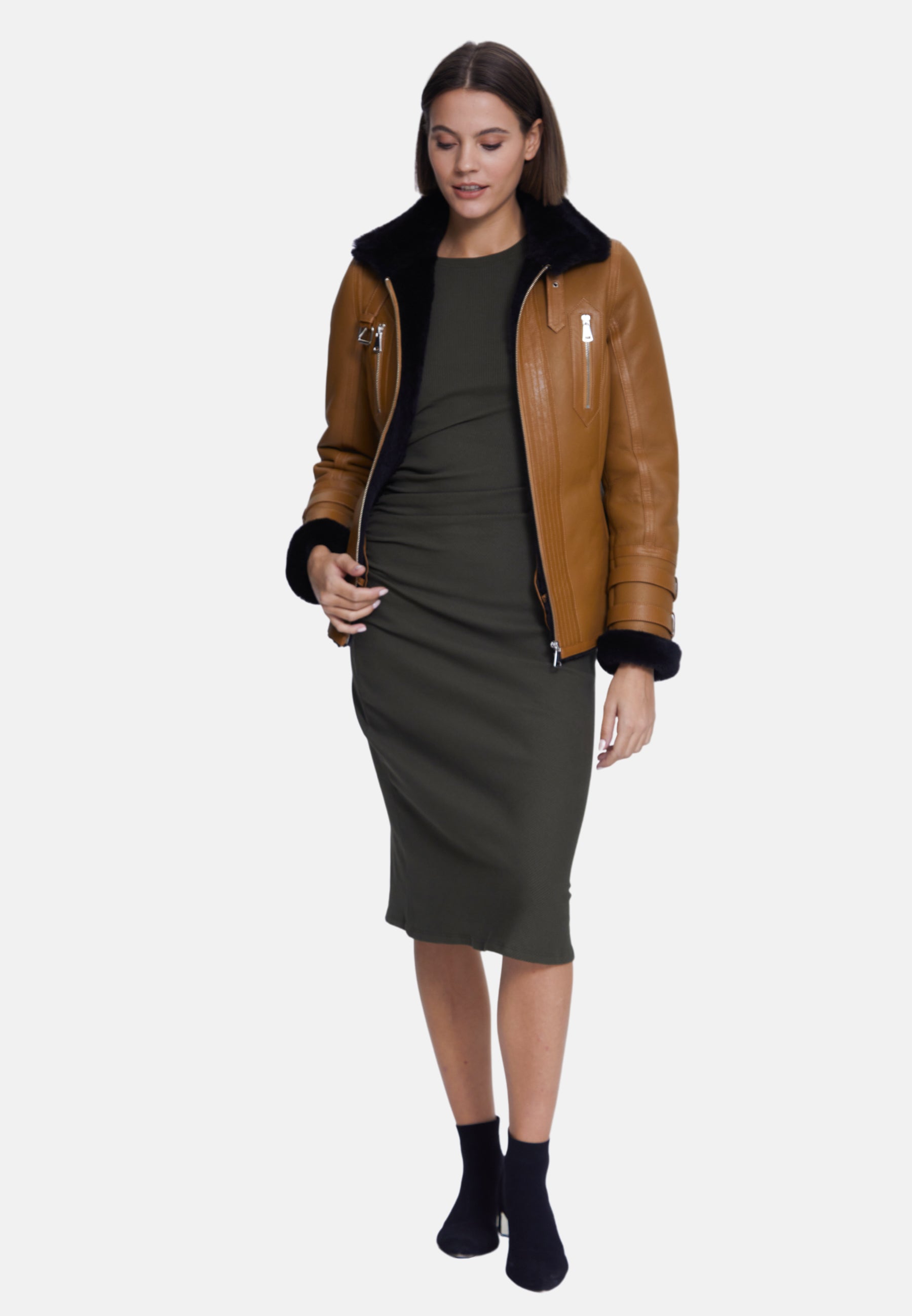 Women's Fashion Jacket, Silky Tan With Black Wool