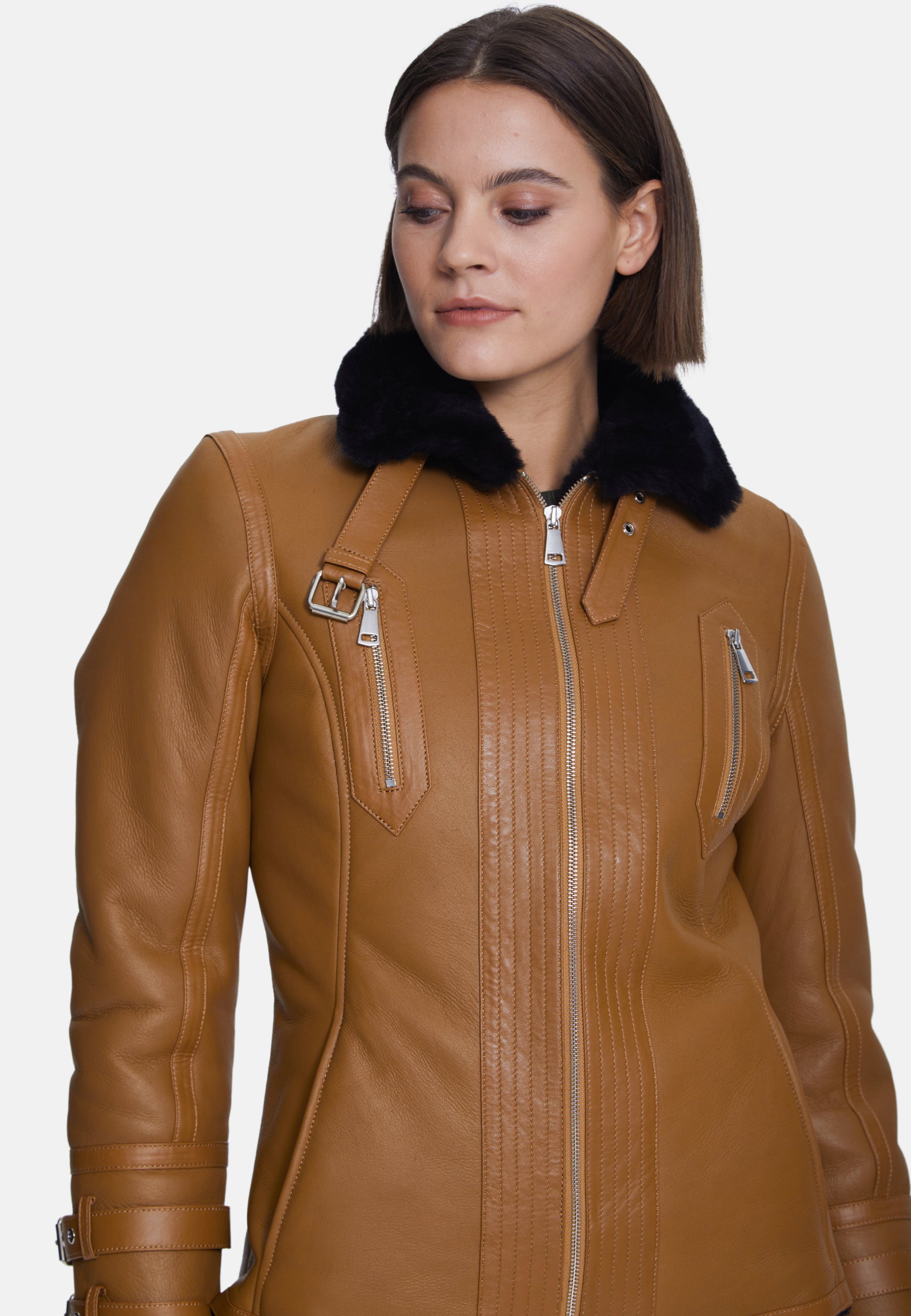 Women's Fashion Jacket, Silky Tan With Black Wool