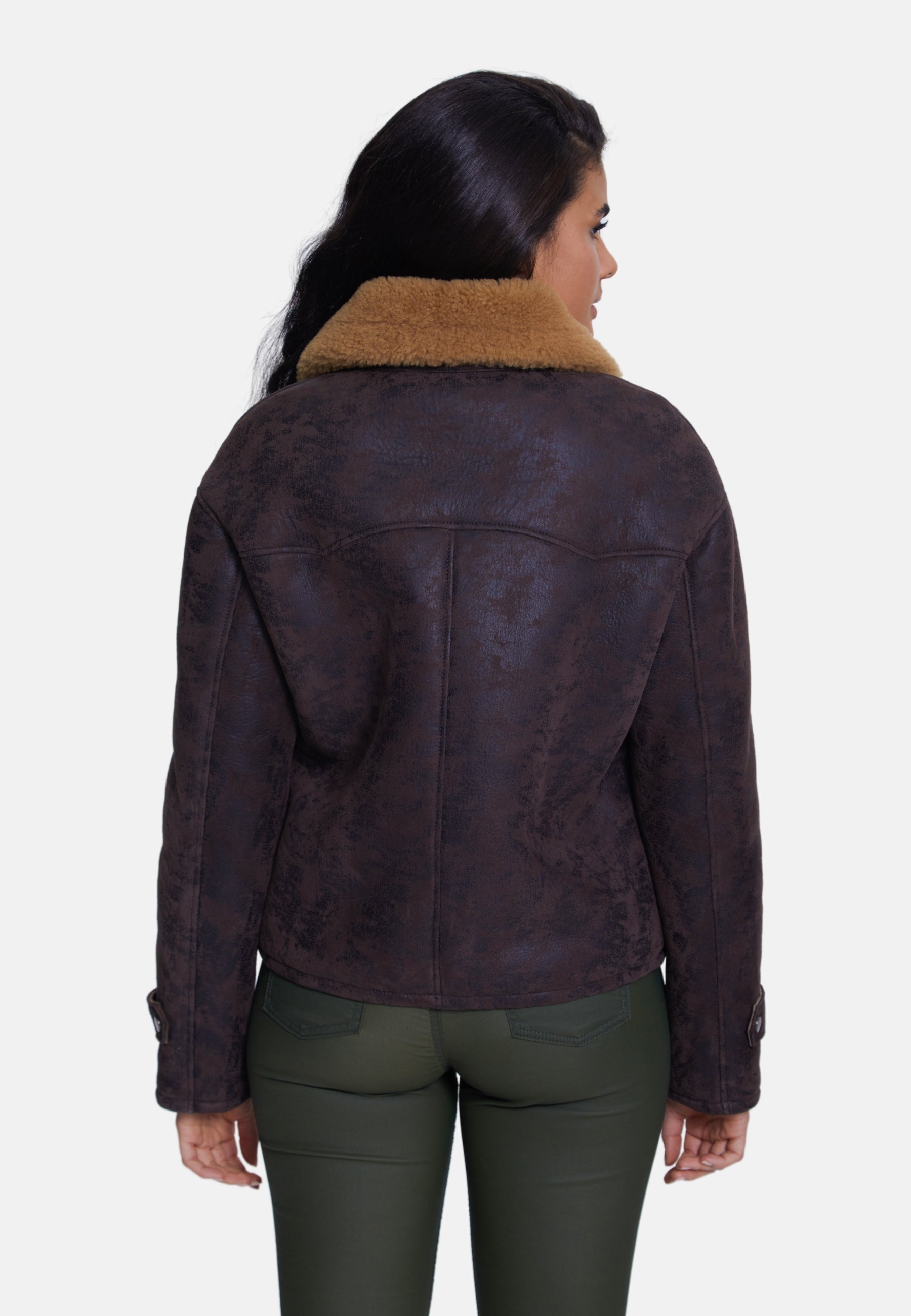 Women's Fashion Jacket, Aged Brown With Ginger Curly Wool