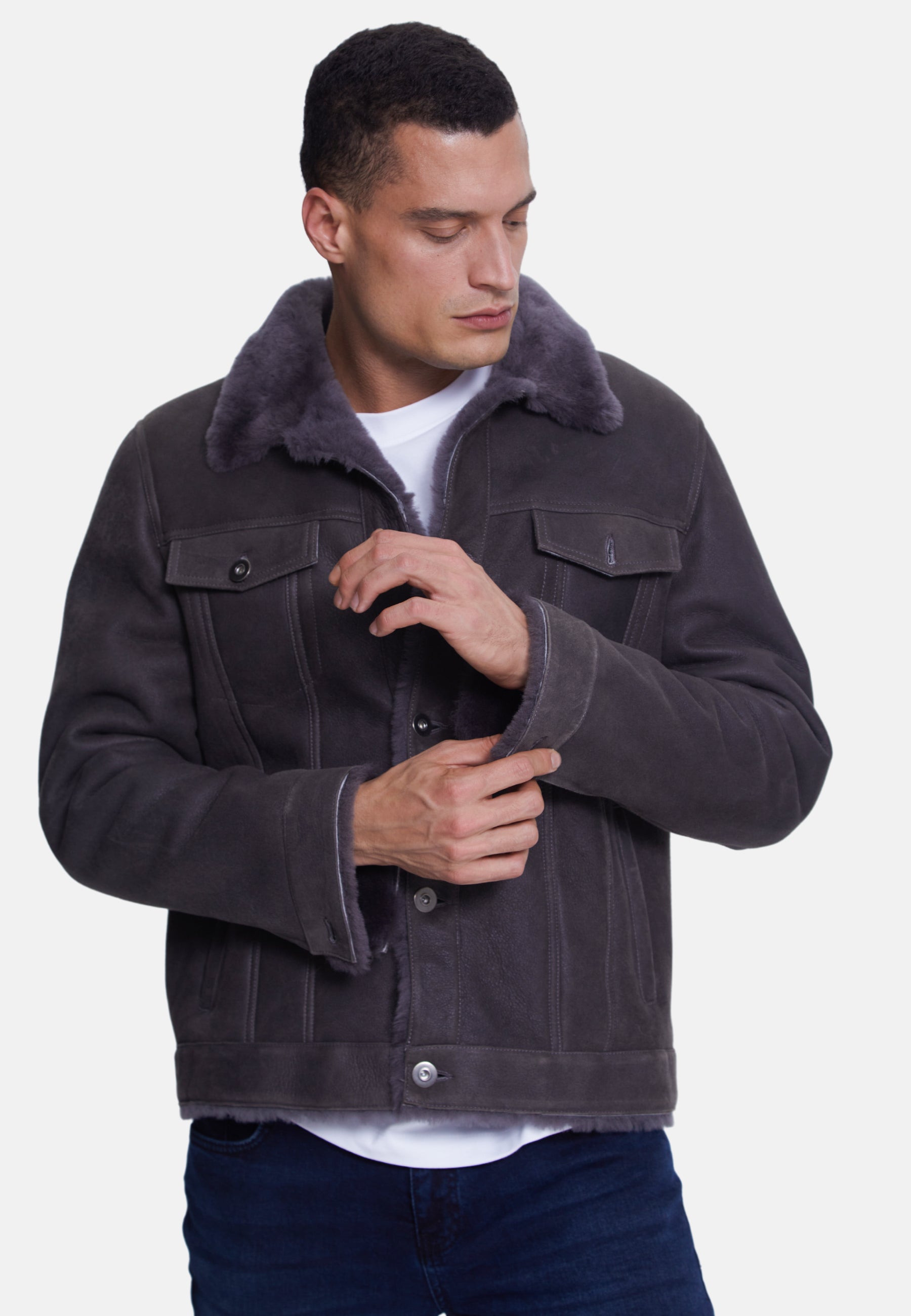 Men's Suede Casual Jacket, Washed Anthracite With Anthracite Wool