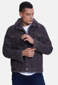 Image of Men's Suede Casual Jacket, Washed Anthracite With Anthracite Wool