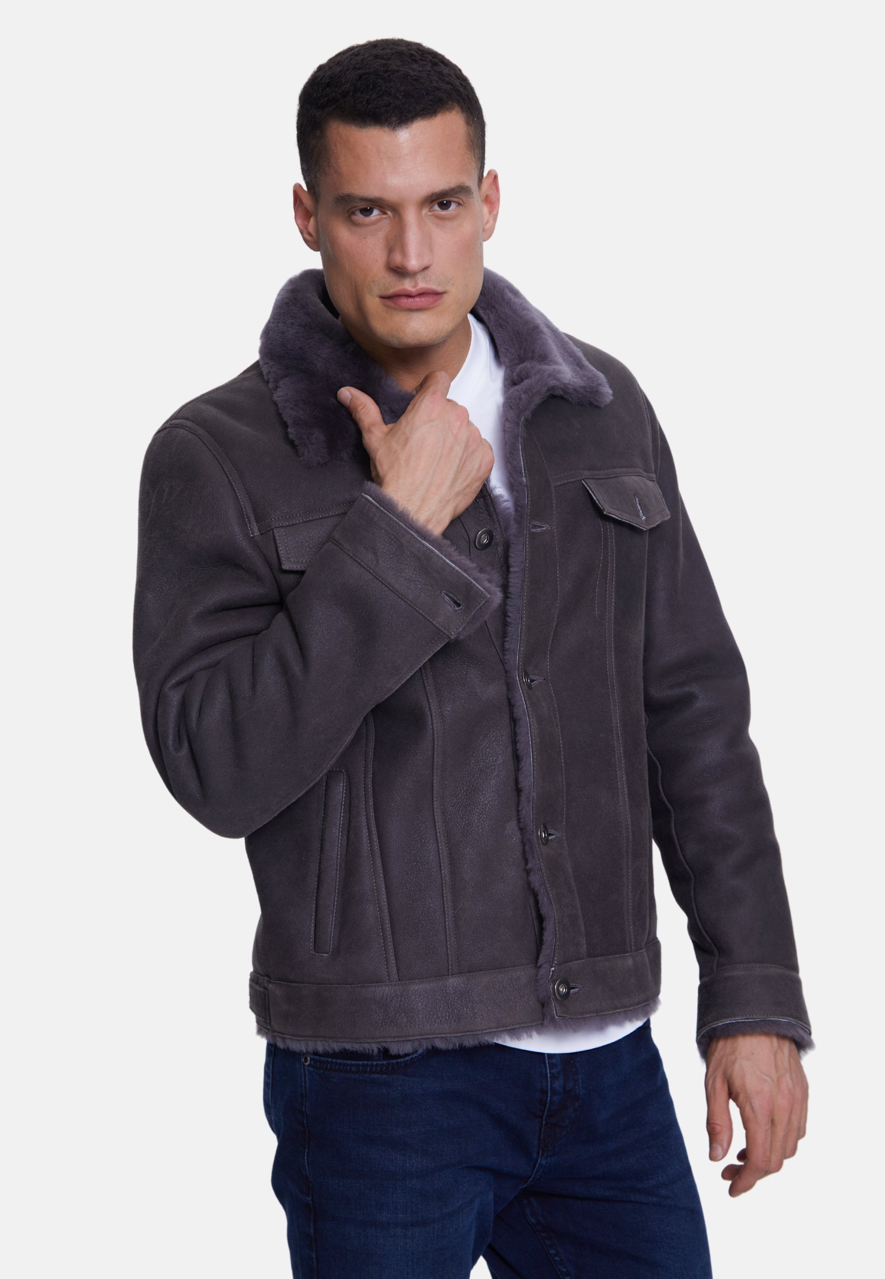 Men's Suede Casual Jacket, Washed Anthracite With Anthracite Wool