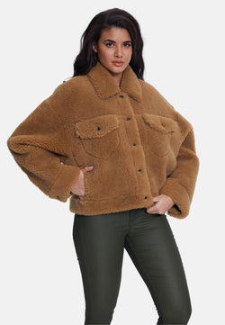 Image of Women's Shearling Jacket, Silky Brown Ginger Curly Wool