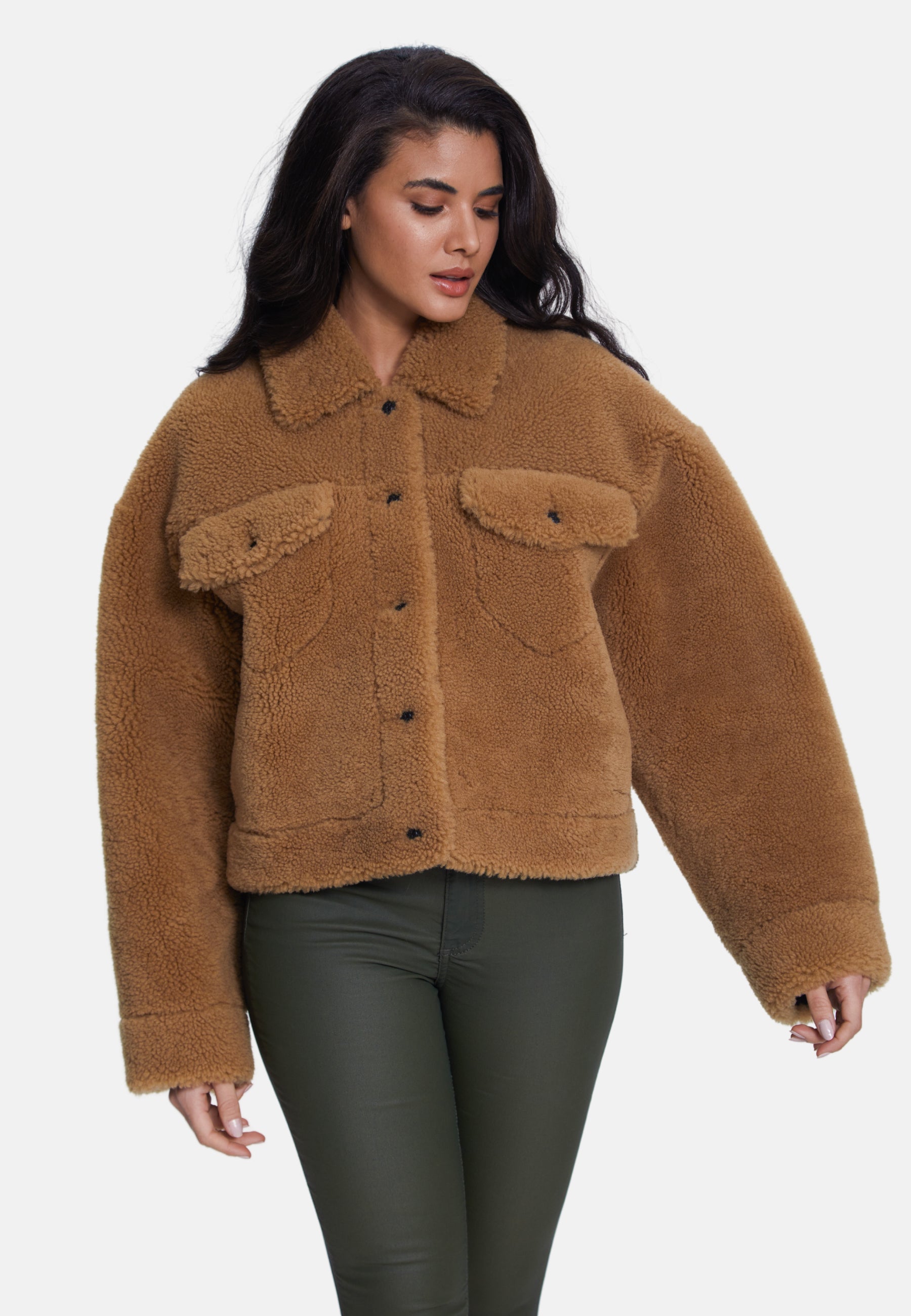 Women's Shearling Jacket, Silky Brown Ginger Curly Wool