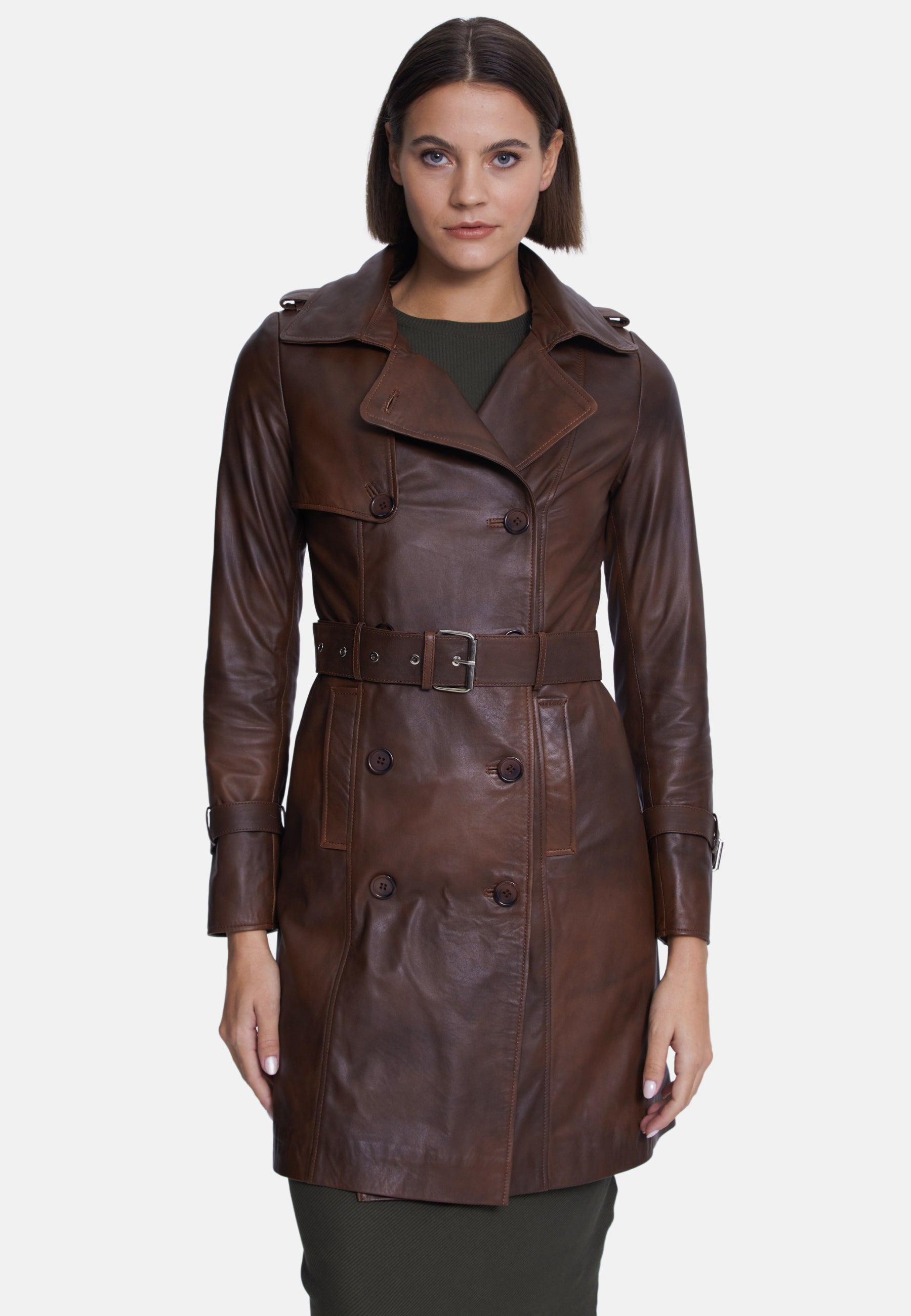 Women's Genuine Leather Trench Coat, Whiskey