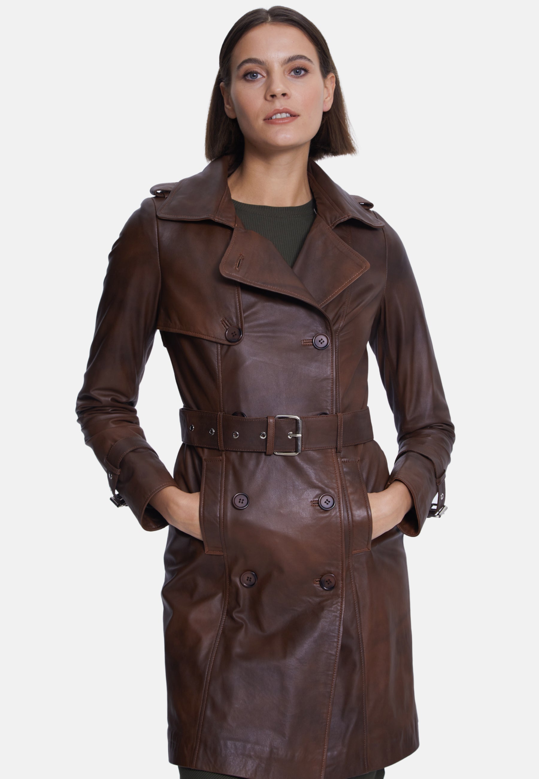 Women's Genuine Leather Trench Coat, Whiskey