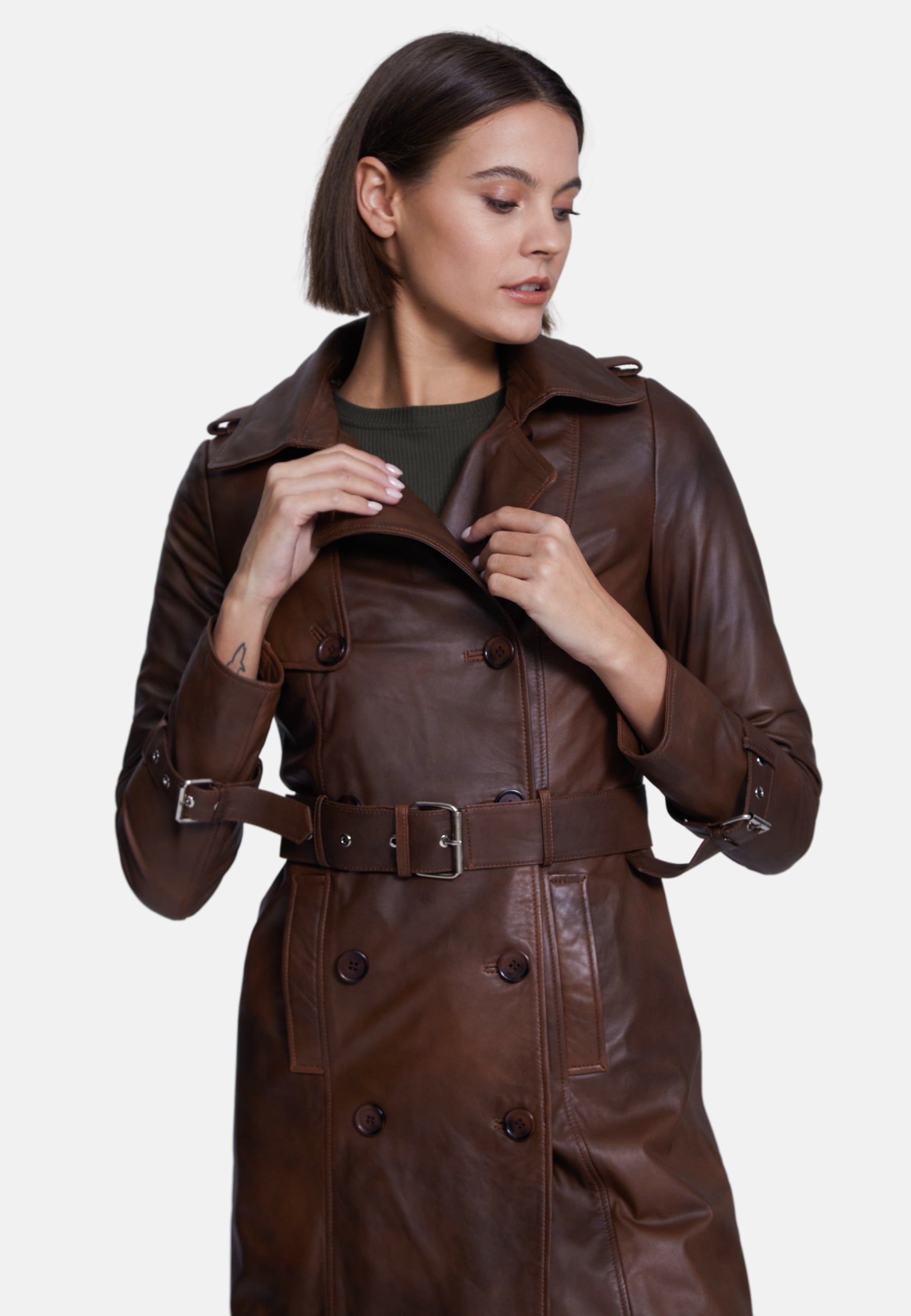 Women's Genuine Leather Trench Coat, Whiskey