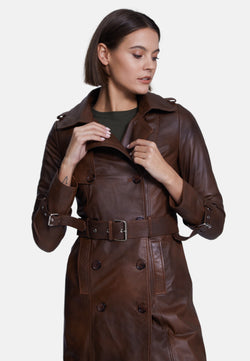 Image of Women's Genuine Leather Trench Coat, Whiskey