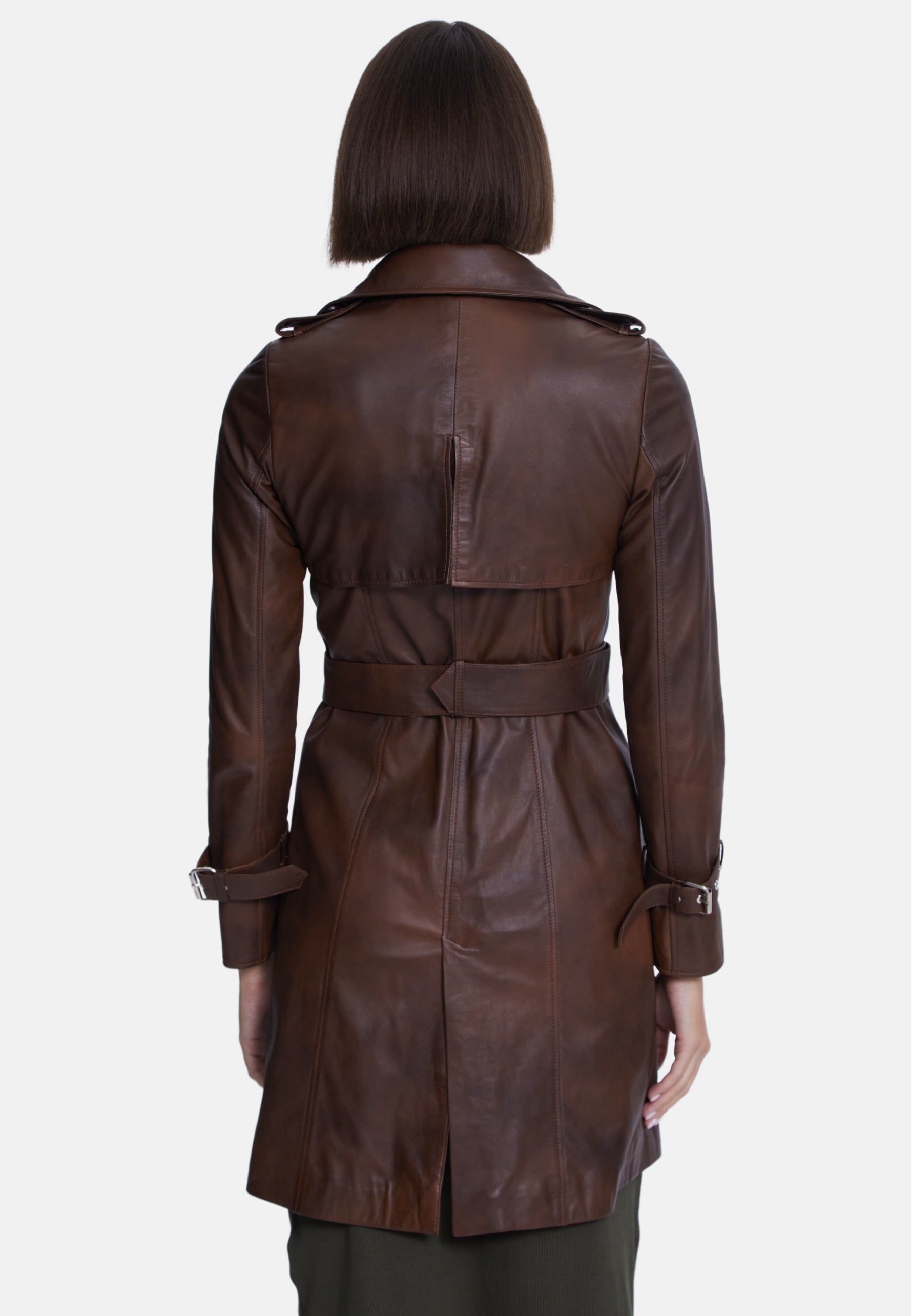 Women's Genuine Leather Trench Coat, Whiskey