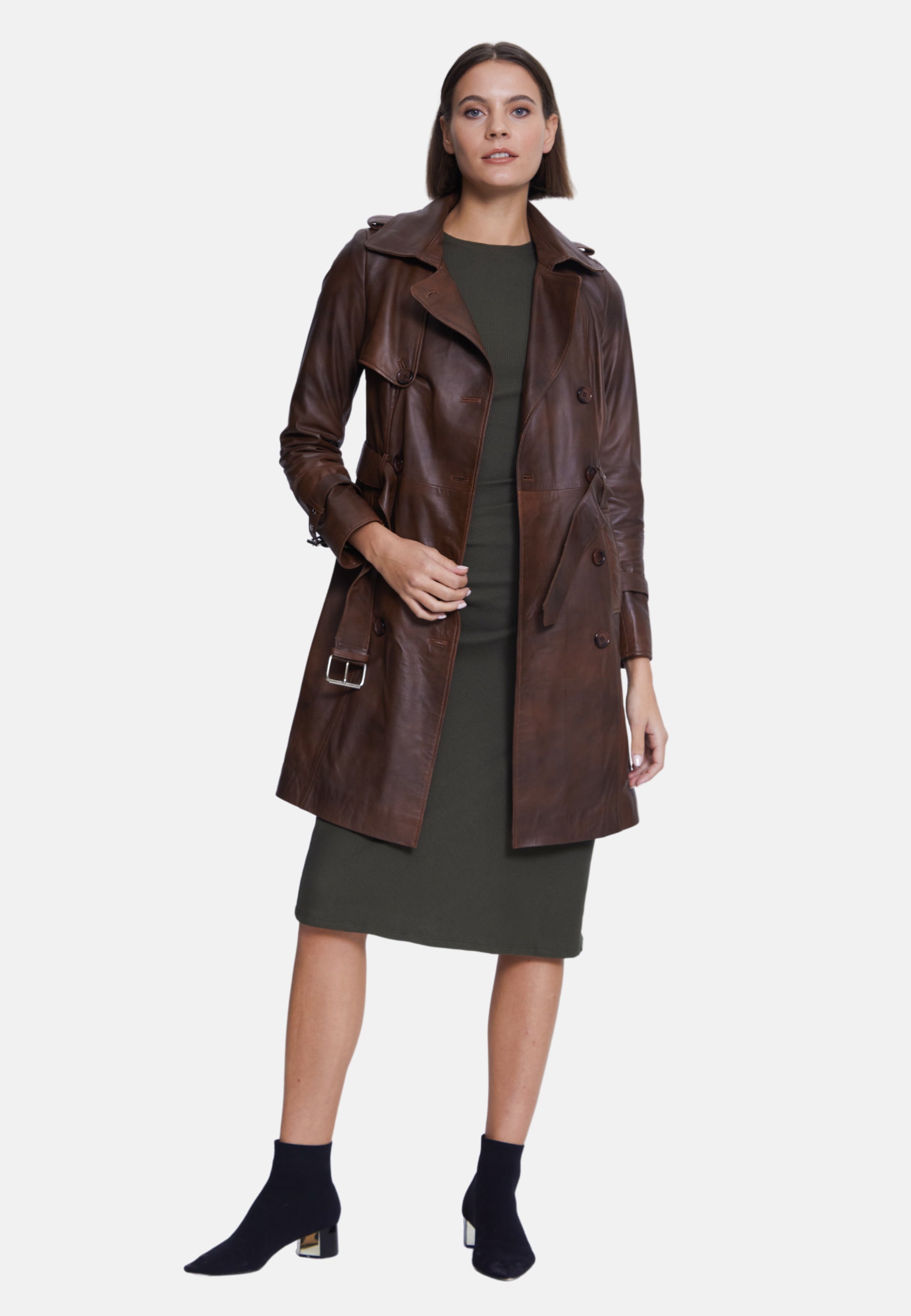 Women's Genuine Leather Trench Coat, Whiskey