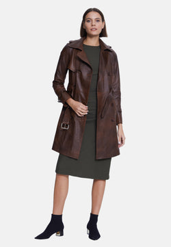 Image of Women's Genuine Leather Trench Coat, Whiskey