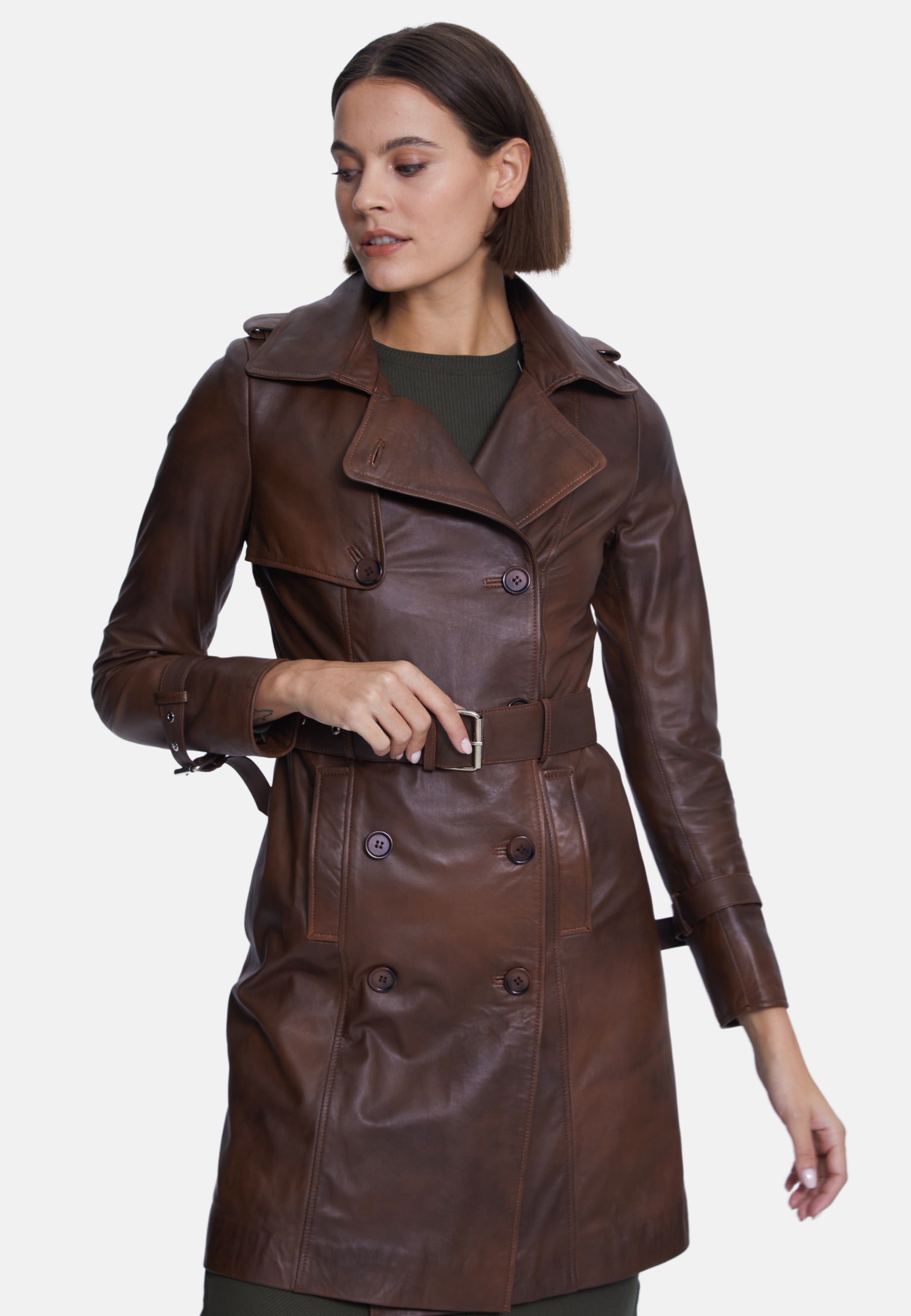 Women's Genuine Leather Trench Coat, Whiskey