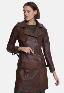 Image of Women's Genuine Leather Trench Coat, Whiskey