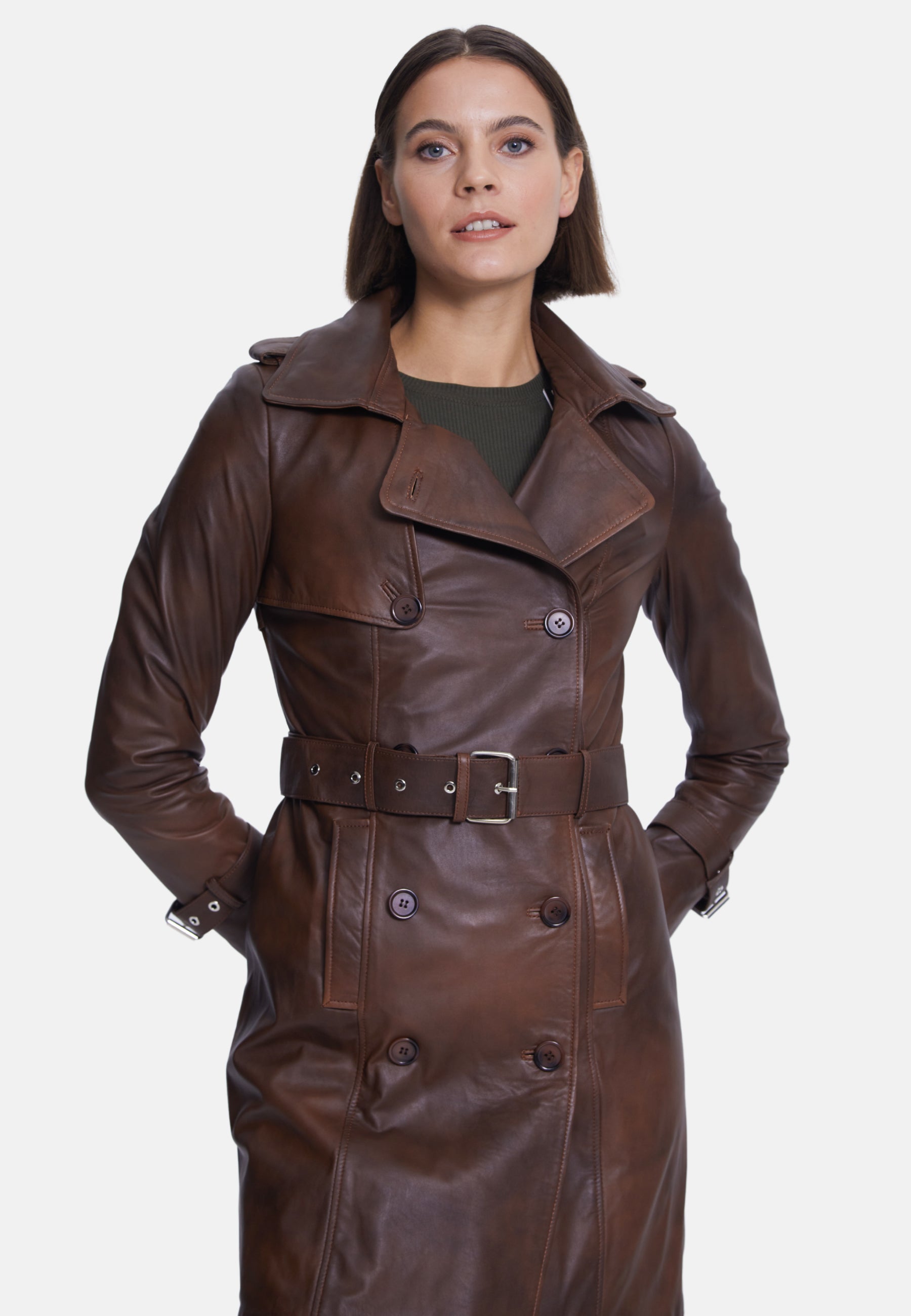 Women's Genuine Leather Trench Coat, Whiskey