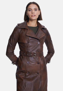 Image of Women's Genuine Leather Trench Coat, Whiskey