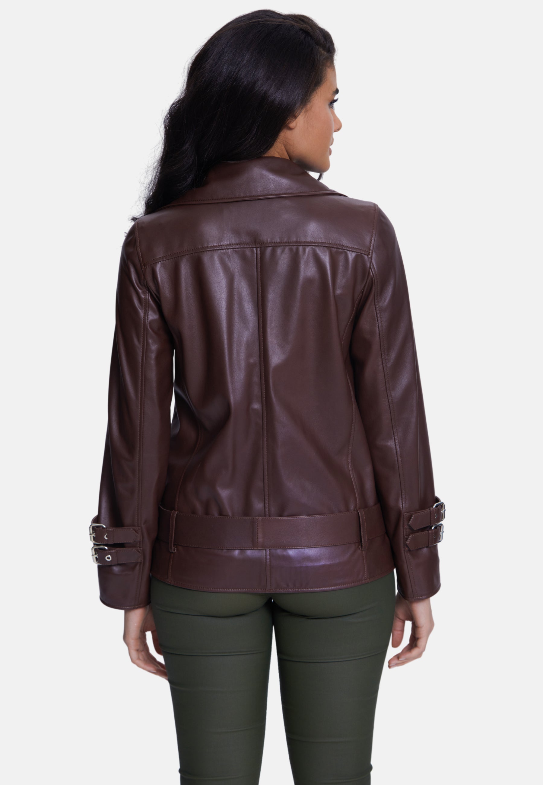 Women's Genuine Leather Belted Biker Jacket,Nappa Brown