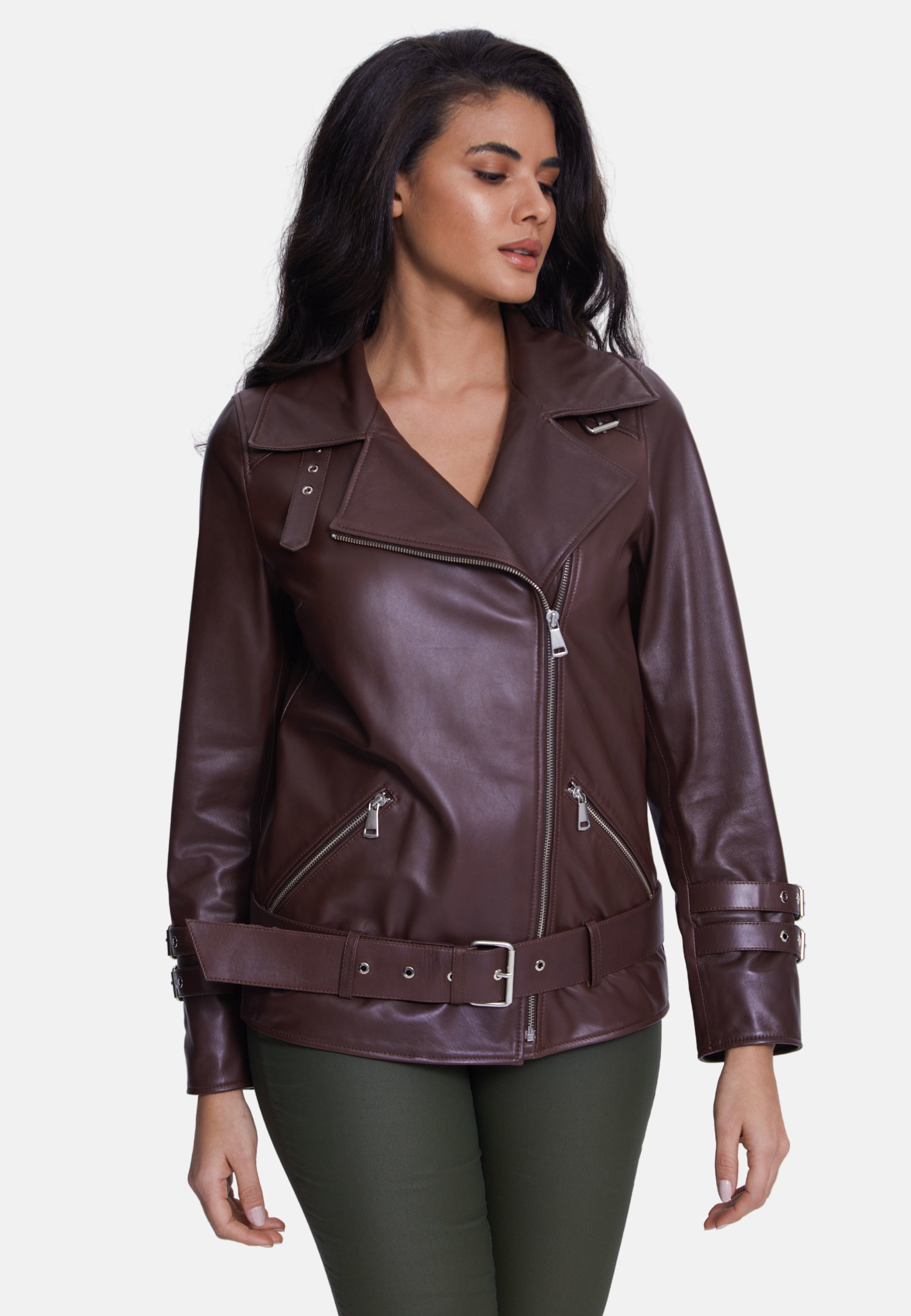 Women's Genuine Leather Belted Biker Jacket,Nappa Brown