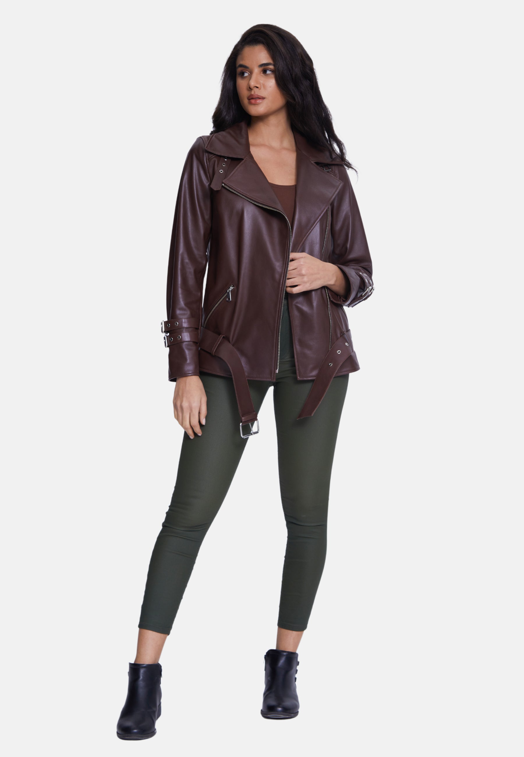 Women's Genuine Leather Belted Biker Jacket,Nappa Brown