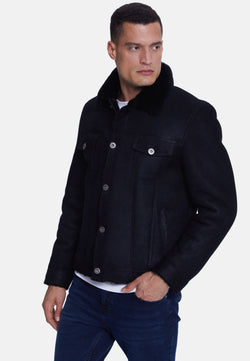 Image of Men's Suede Casual Jacket, Washed Black With Black Wool