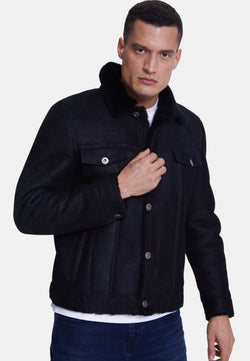 Image of Men's Suede Casual Jacket, Washed Black With Black Wool