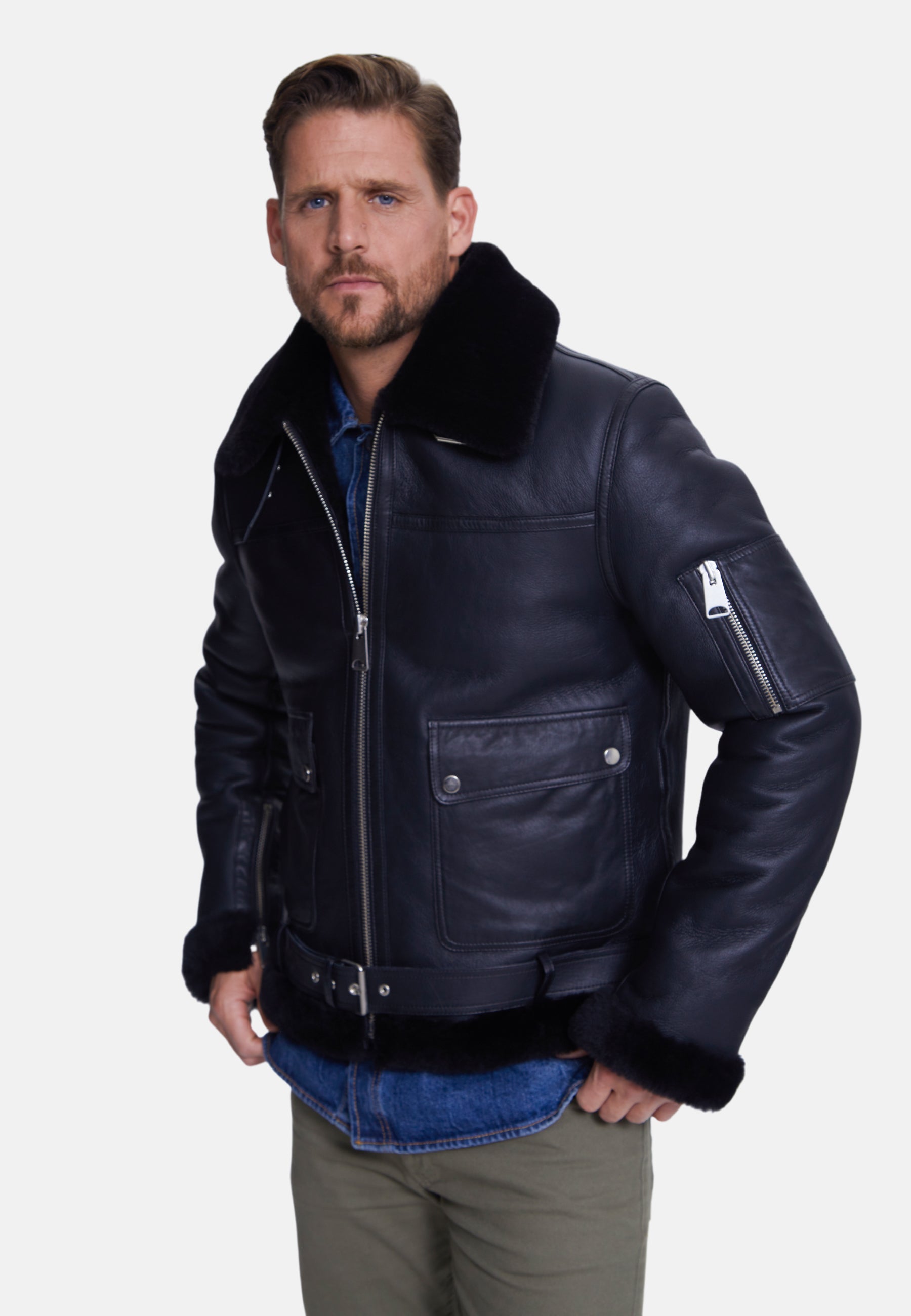 Men's Shearling Belted Pilot Jacket,  Silky Black with Black Wool