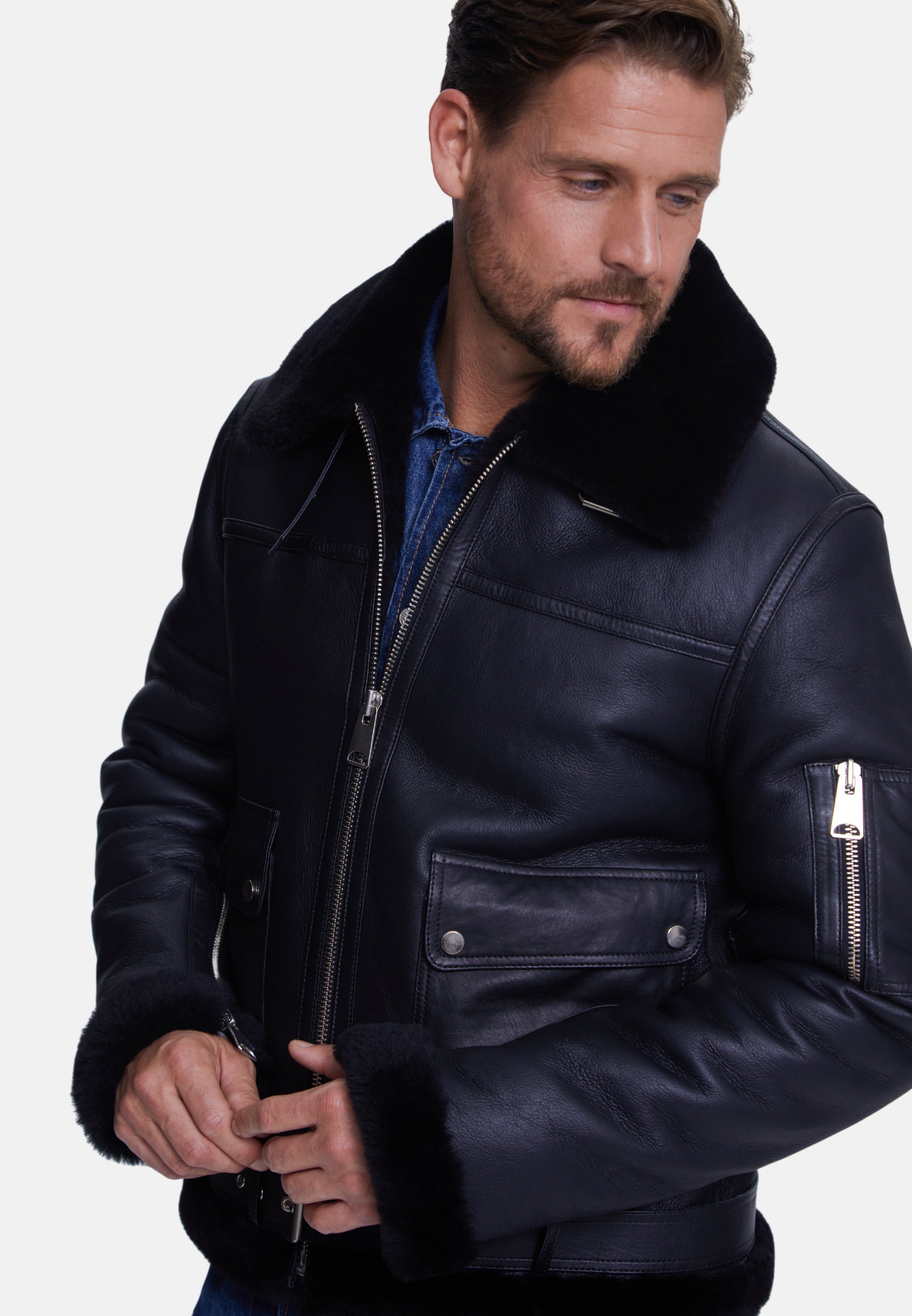 Men's Shearling Belted Pilot Jacket,  Silky Black with Black Wool