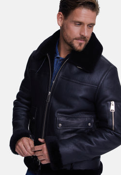 Image of Men's Shearling Belted Pilot Jacket,  Silky Black with Black Wool