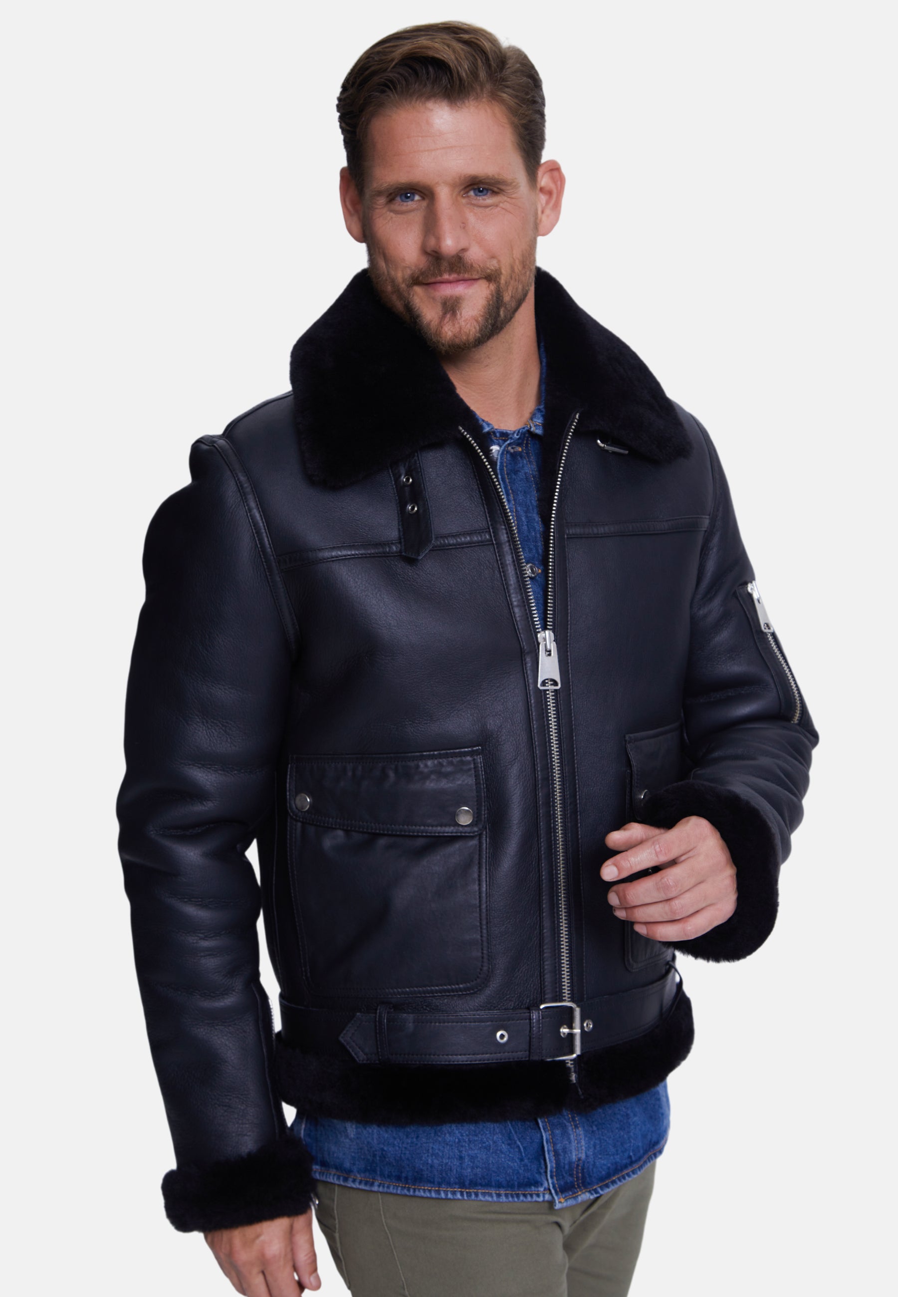 Men's Shearling Belted Pilot Jacket,  Silky Black with Black Wool