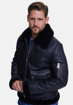 Image of Men's Shearling Belted Pilot Jacket,  Silky Black with Black Wool