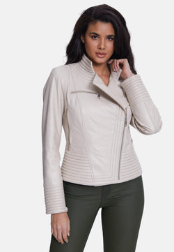 Image of Genuine Leather Riser Biker Jacket, Beige