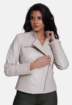 Image of Genuine Leather Riser Biker Jacket, Beige