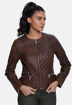 Image of Genuine Leather Quilted Biker Jacket, Whiskey