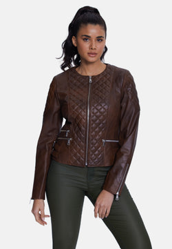 Image of Genuine Leather Quilted Biker Jacket, Whiskey