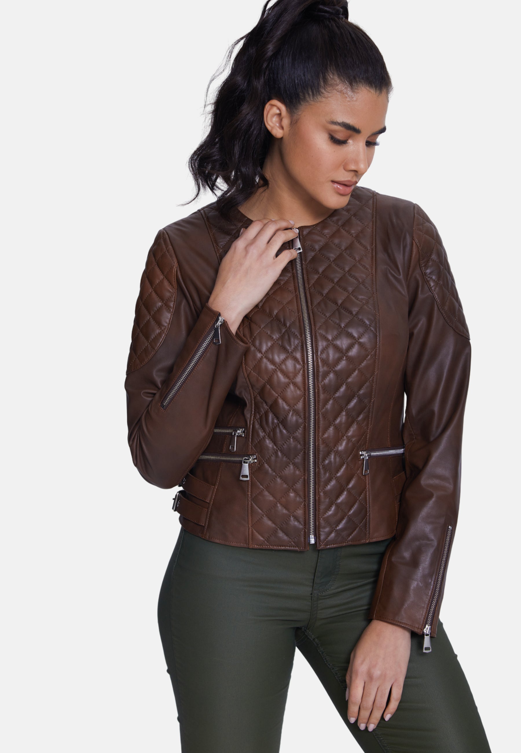 Genuine Leather Quilted Biker Jacket, Whiskey