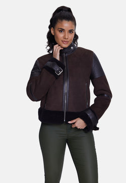 Image of Women's fashion jacket, suede brown with brown curly wool