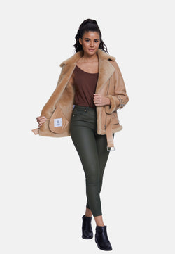 Image of Women's Shearling Belted Biker Jacket, Silky Caramel with Caramel Wool