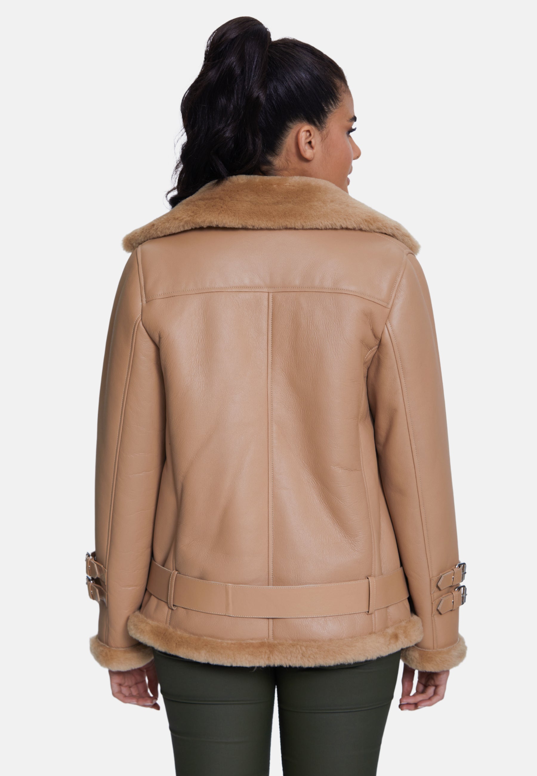 Women's Shearling Belted Biker Jacket, Silky Caramel with Caramel Wool