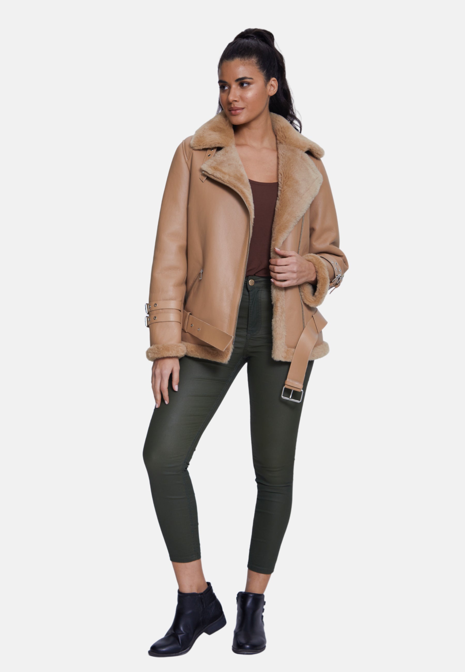 Women's Shearling Belted Biker Jacket, Silky Caramel with Caramel Wool