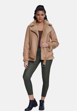 Image of Women's Shearling Belted Biker Jacket, Silky Caramel with Caramel Wool