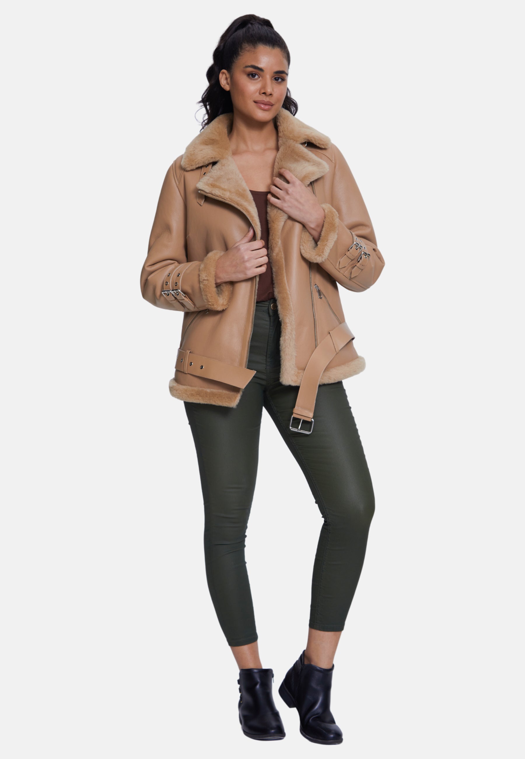 Women's Shearling Belted Biker Jacket, Silky Caramel with Caramel Wool