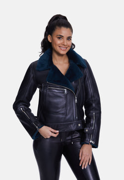 Image of Women's Shearling Jacket, Silky Black With Emerald Wool