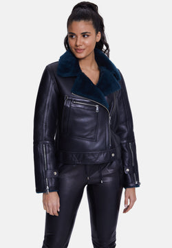 Image of Women's Shearling Jacket, Silky Black With Emerald Wool