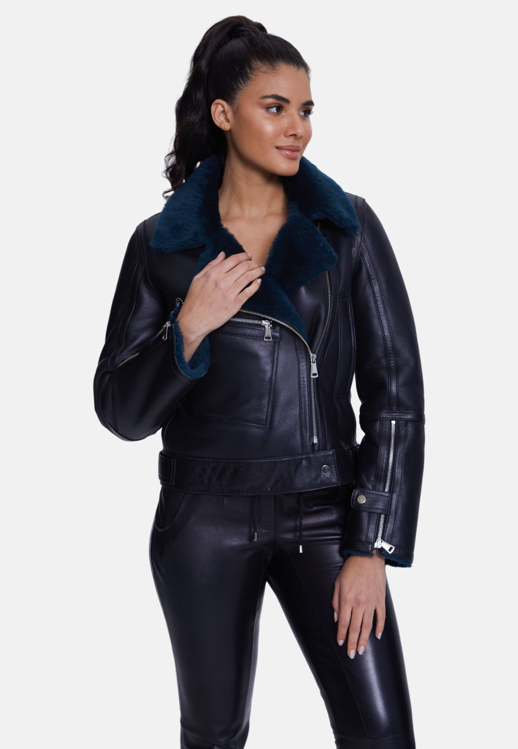 Women's Shearling Jacket, Silky Black With Emerald Wool